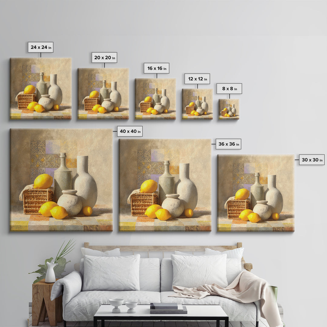 Warm Mediterranean Lemon Still Life Framed Canvas Print, Living Room Art, Dopamine Decor, Living Room Decor, Abstract Art, LIR-1x1-42