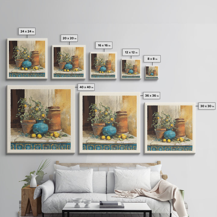 Warm Mediterranean Lemon Still Life Framed Canvas Print, Living Room Art, Dopamine Decor, Living Room Decor, Abstract Art, LIR-1x1-66