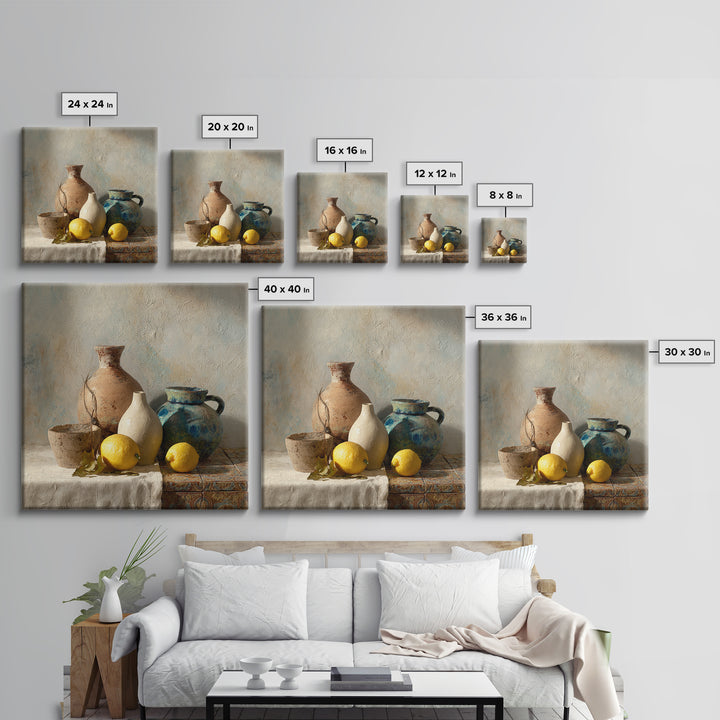 Warm Mediterranean Lemon Still Life Canvas Print, Living Room Art, Neutral Decor, Living Room Decor, Fine Art, Living, LIR-1x1-90