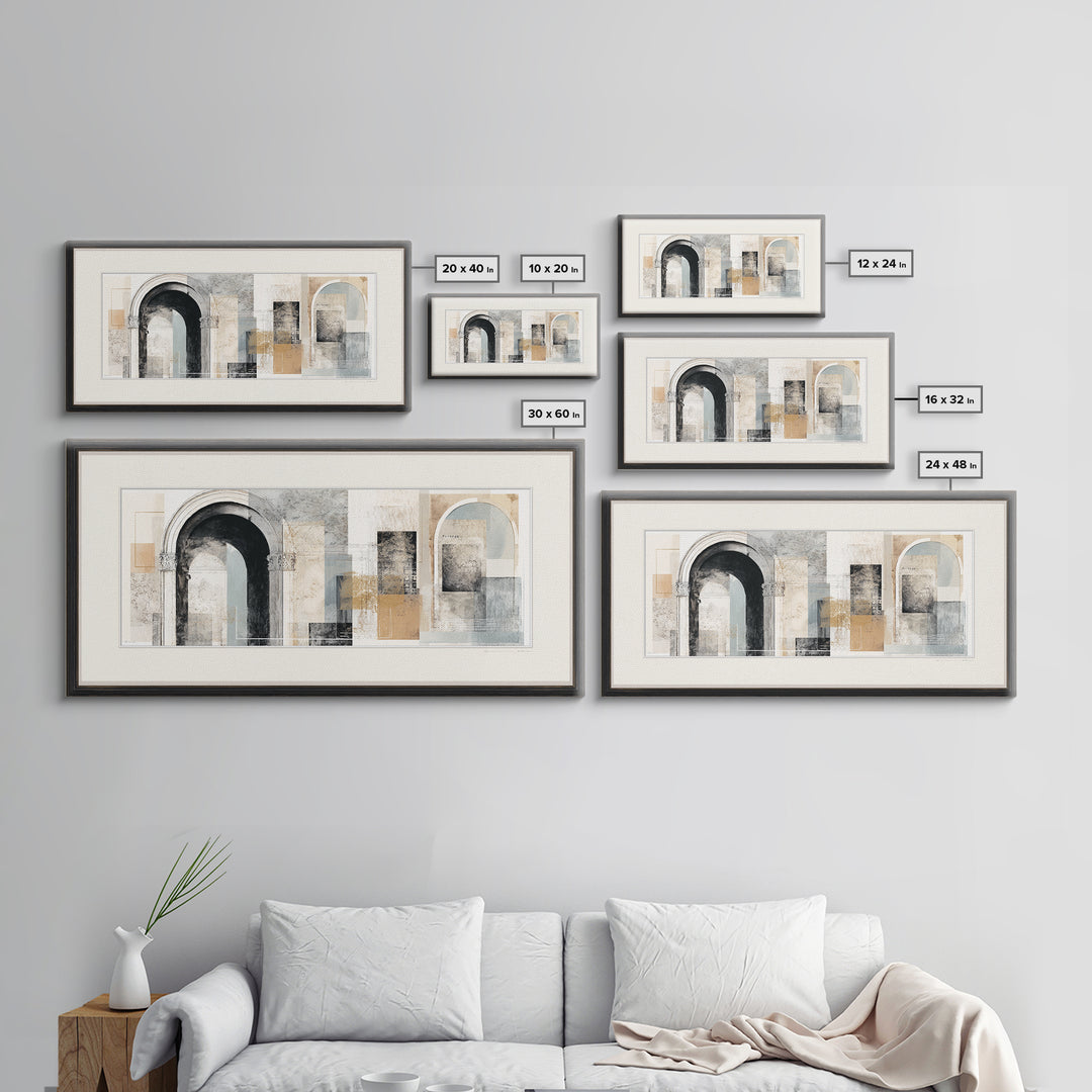 Black and White Architectural Arch Composition Framed Canvas Print, Living Room Art, Boho Decor, Living Room Decor, LIR-2x1-27