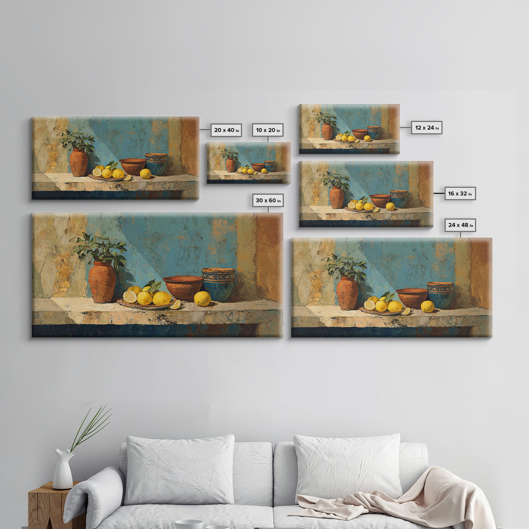 Warm Mediterranean Lemon Still Life Canvas Print, Living Room Art, Wall Art, Living Room Decor, Oil Painting, Living, LIR-2x1-62