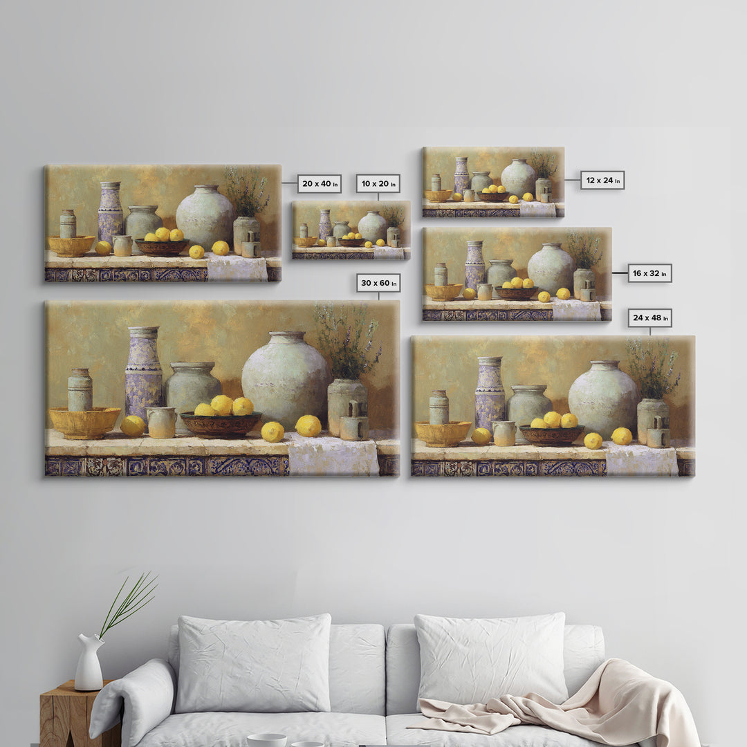 Warm Mediterranean Lemon Still Life Framed Canvas Print, Living Room Art, Art Print, Living Room Decor, Fine Art, Living, LIR-2x1-86