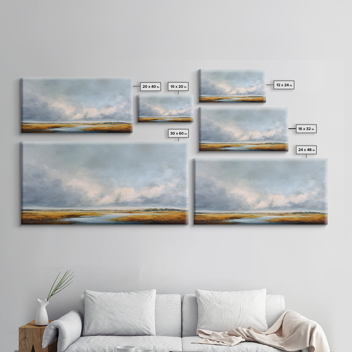 Modern Landscape with Expansive Calm Sky Framed Canvas Print, Living Room Art, Neutral Decor, Living Room Decor, Oil Painting, LIR-2x1-95