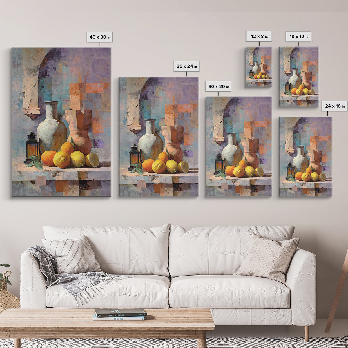Warm Mediterranean Lemon Still Life Framed Canvas Print, Living Room Art, Living Room Decor, Abstract Art, Living, LIR-2x3-2
