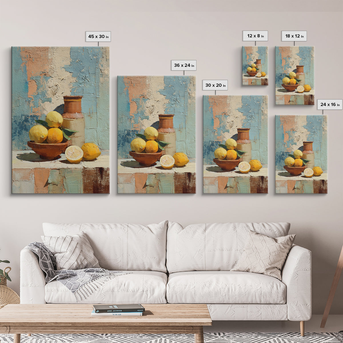 Warm Mediterranean Lemon Still Life Canvas Print, Living Room Art, Wall Decor, Living Room Decor, Living, Abstract Art, LIR-2x3-50