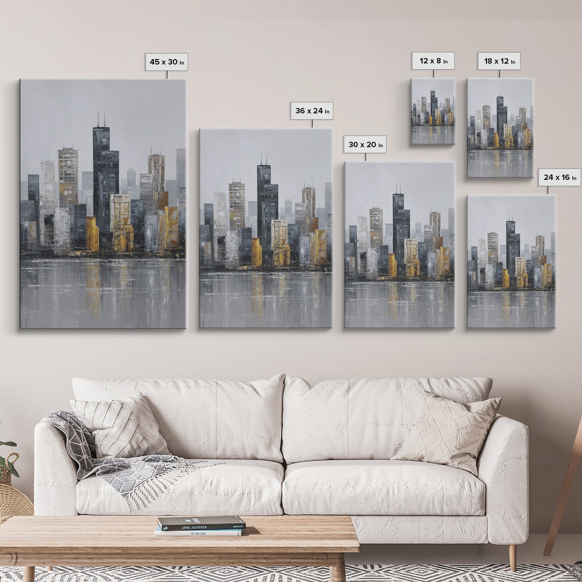 Modern City Skyline Framed Canvas Print, Living Room Art, Minimalist Decor, Living Room Decor, Fine Art, Living, LIR-2x3-6