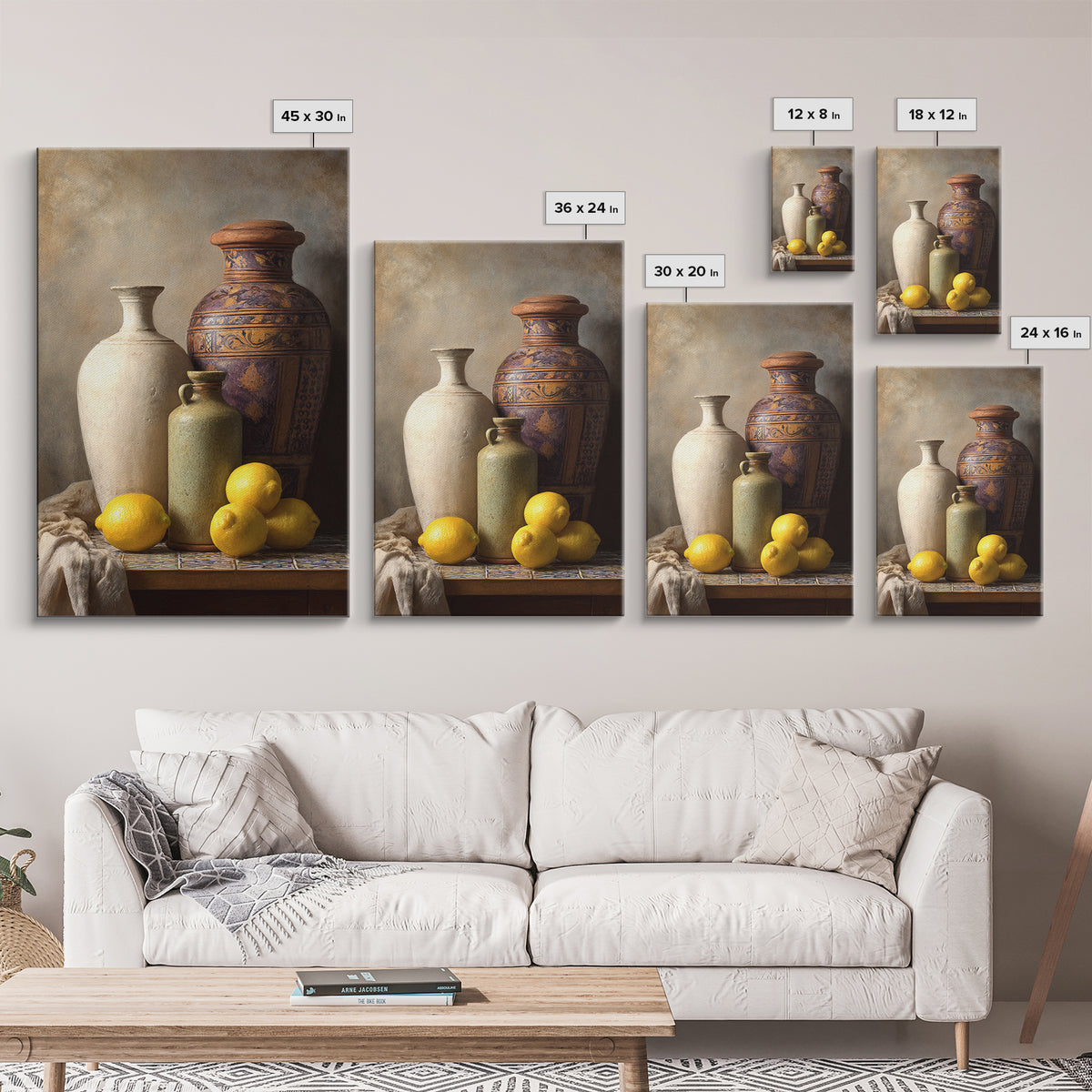 Warm Mediterranean Lemon Still Life Framed Canvas Print, Living Room Art, Living Room Decor, Watercolor Art, Living, LIR-2x3-74