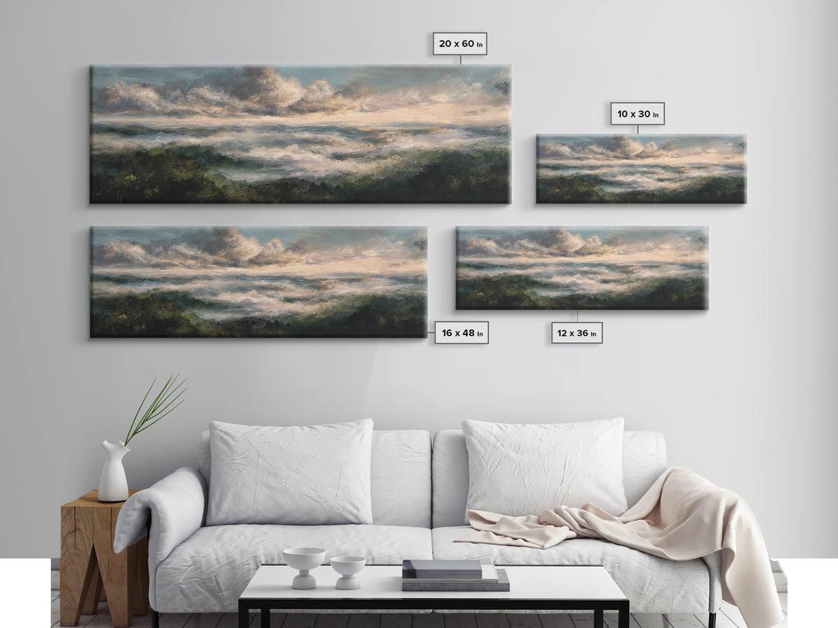 Large Cloudscape with Gentle Movement Canvas Print, Living Room Art, 3 Piece Wall Art, Living Room Decor, Watercolor Art, LIR-3x1-11