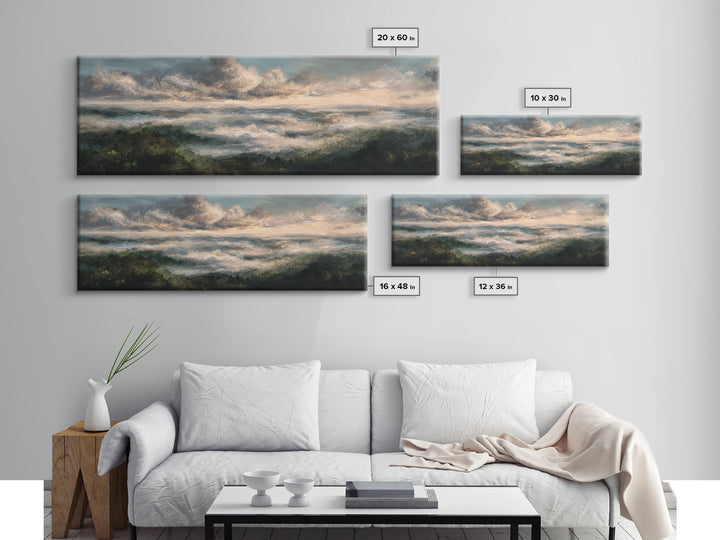 Large Cloudscape with Gentle Movement Canvas Print, Living Room Art, 3 Piece Wall Art, Living Room Decor, Watercolor Art, LIR-3x1-11