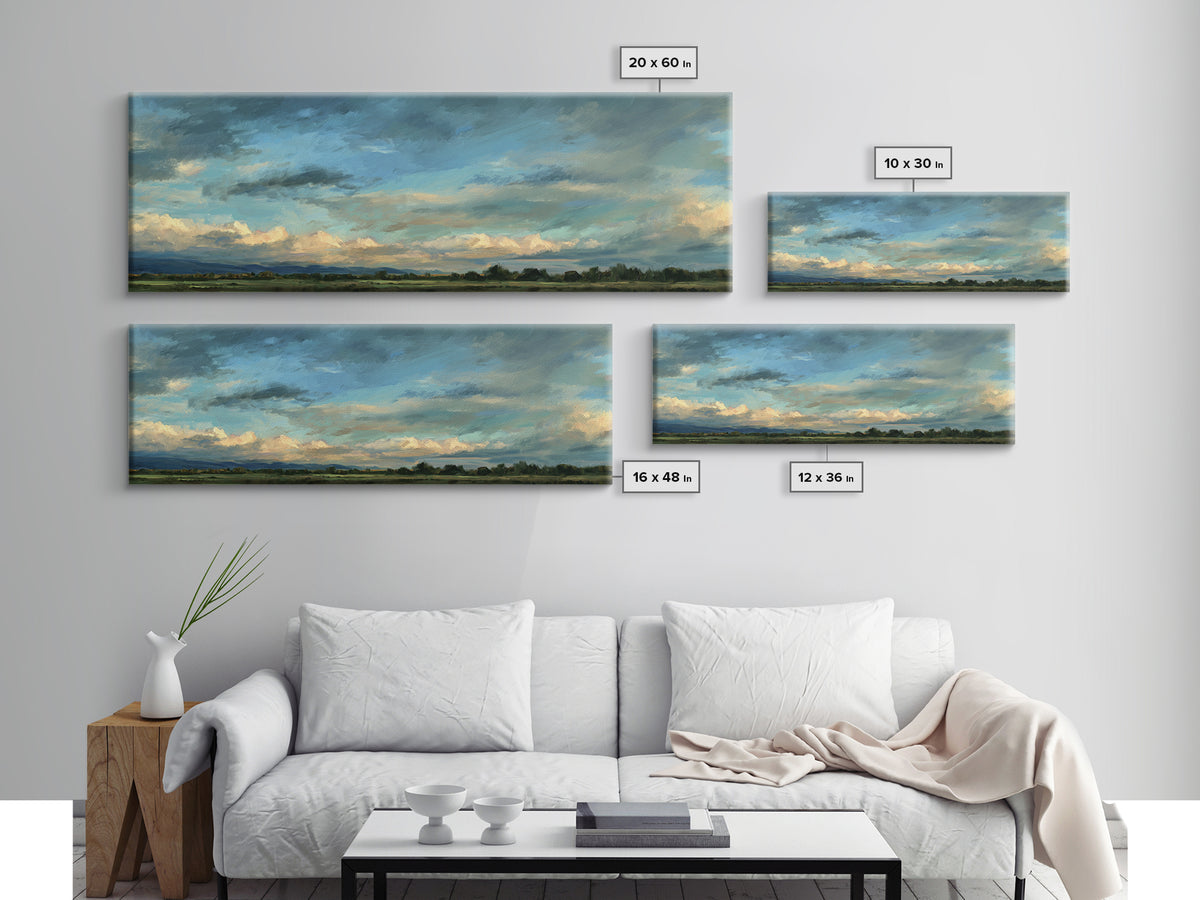 Modern Landscape with Expansive Calm Sky Canvas Print, Living Room Art, Art Print, Living Room Decor, Watercolor Art, Living, LIR-3x1-43
