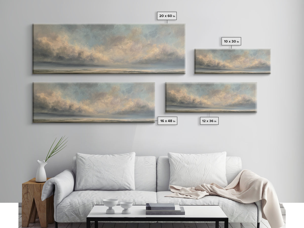 Large Cloudscape with Gentle Movement Framed Canvas Print, Living Room Art, Painting, Living Room Decor, Fine Art, Living, LIR-3x1-59