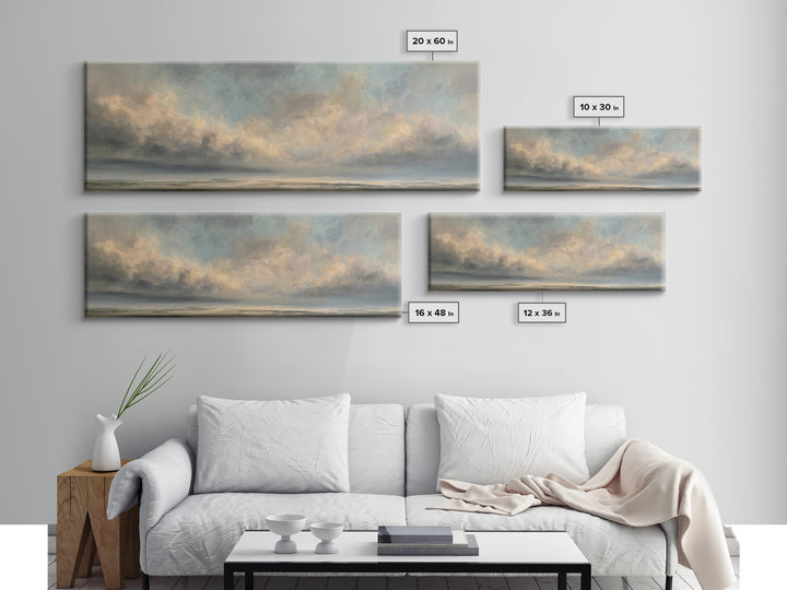 Large Cloudscape with Gentle Movement Framed Canvas Print, Living Room Art, Painting, Living Room Decor, Fine Art, Living, LIR-3x1-59