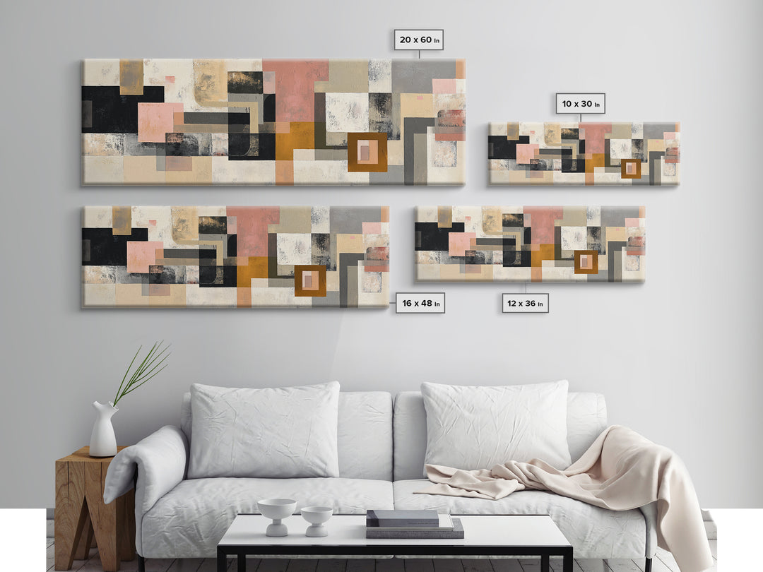 Mid Century Geometric Artwork Canvas Print, Living Room Art, Textured Painting, Living Room Decor, Abstract Art, Living, LIR-3x1-96