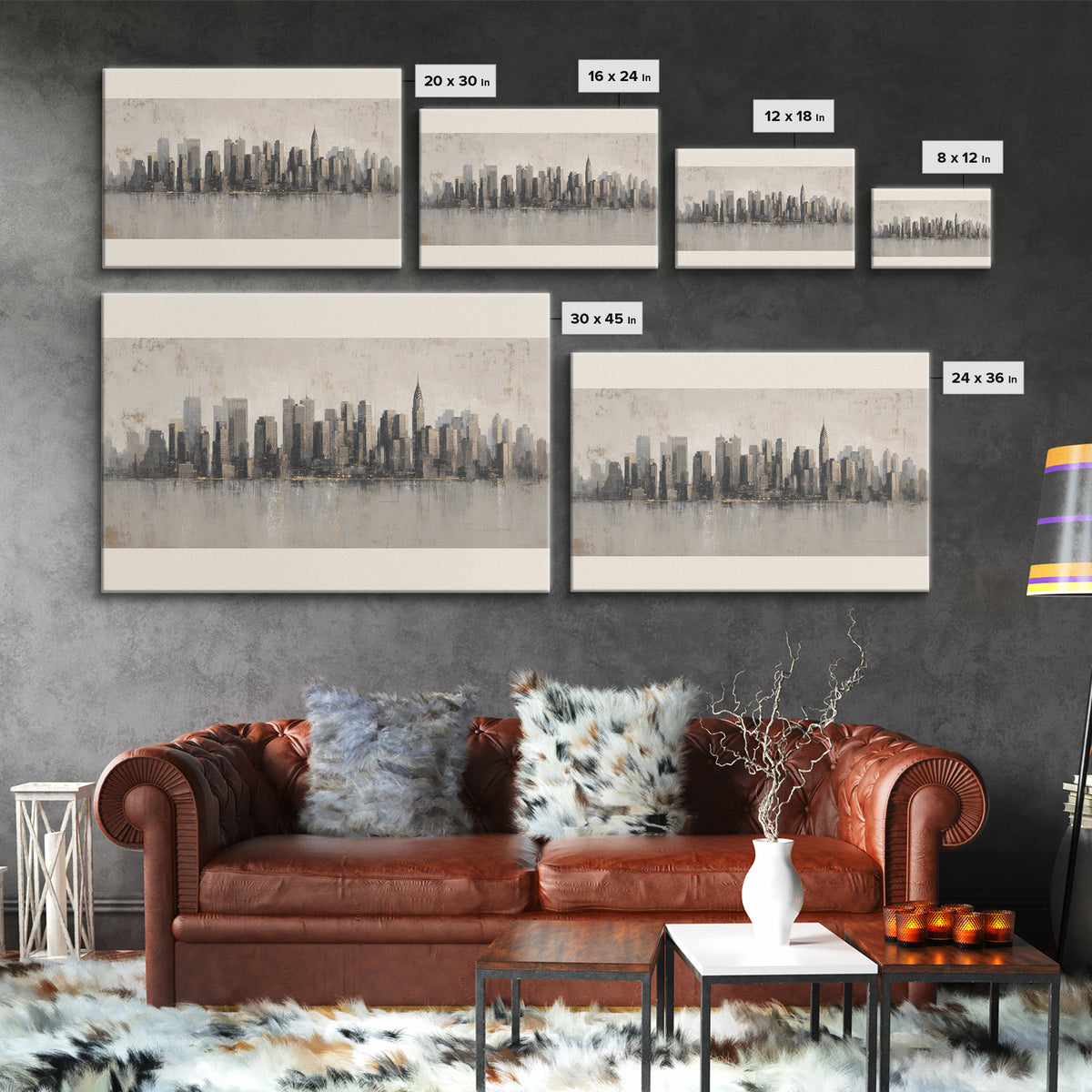 Modern City Skyline Framed Canvas Print, Living Room Art, Mid Century Modern, Living Room Decor, Abstract Art, Living, LIR-3x2-2
