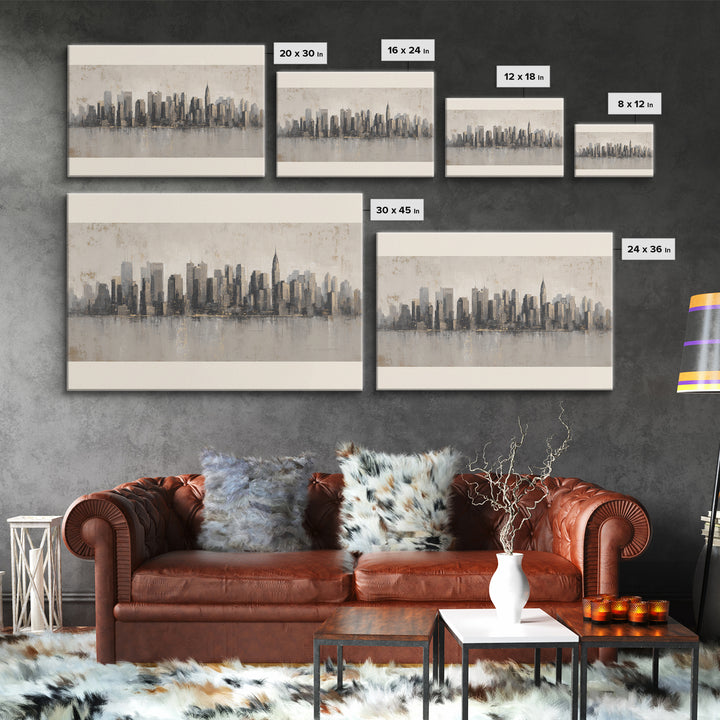 Modern City Skyline Framed Canvas Print, Living Room Art, Mid Century Modern, Living Room Decor, Abstract Art, Living, LIR-3x2-2