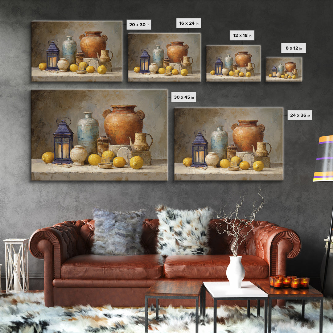 Warm Mediterranean Lemon Still Life Framed Canvas Print, Living Room Art, Printable Art, Living Room Decor, Fine Art, Living, LIR-3x2-46