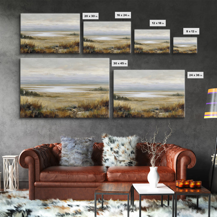 Modern Landscape with Expansive Calm Sky Framed Canvas Print, Living Room Art, Art Nouveau, Living Room Decor, Fine Art, Living, LIR-3x2-55