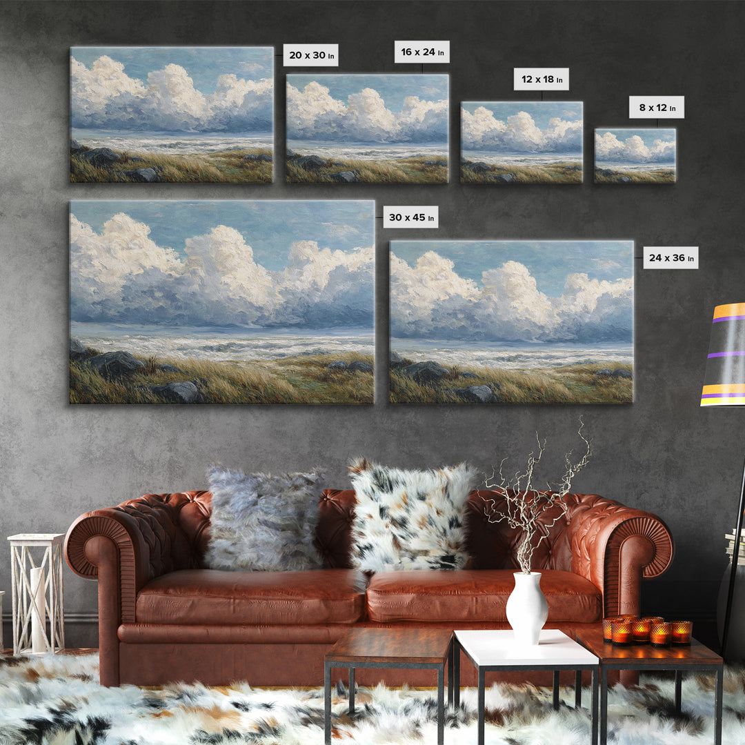 Large Cloudscape with Gentle Movement Framed Canvas Print, Living Room Art, 3 Piece Wall Art, Living Room Decor, Watercolor Art, LIR-3x2-71