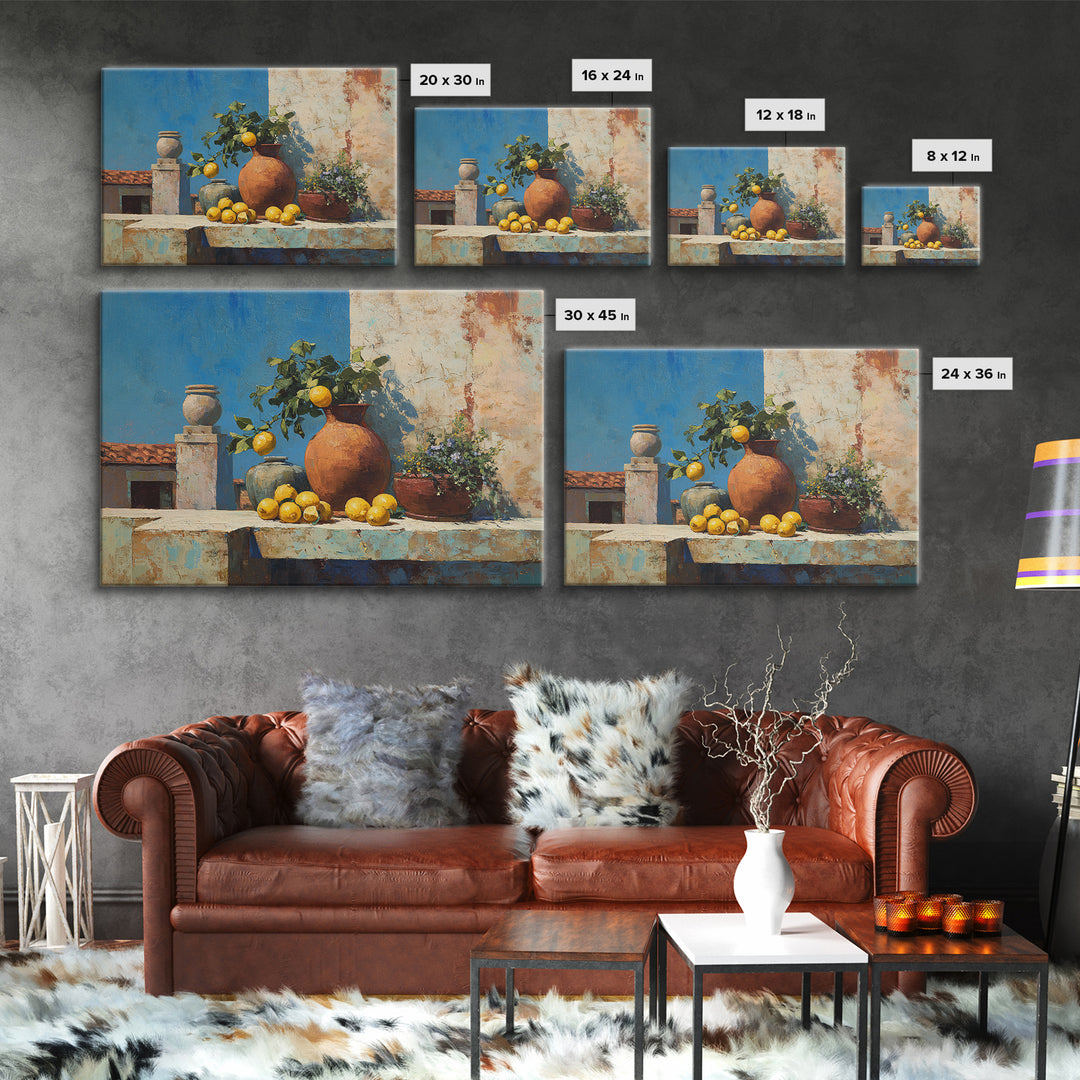 Warm Mediterranean Lemon Still Life Canvas Print, Living Room Art, Dopamine Decor, Living Room Decor, Abstract Art, Living, LIR-3x2-94