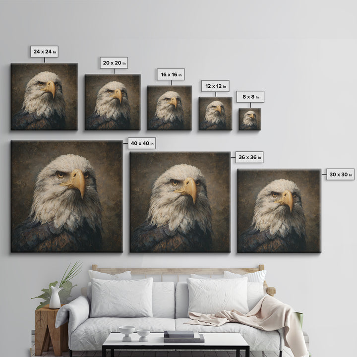 Eagle Portrait with Solemn Presence Framed Canvas Print, Law Office Art, Bookish Wall Art, Office Decor, Fine Art, Counsel, LOA-1x1-6