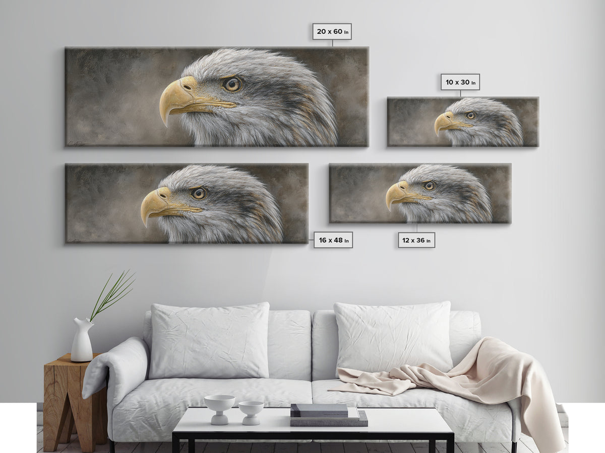 Eagle Portrait with Solemn Presence Canvas Print, Law Office Art, Neutral Decor, Office Decor, Fine Art, Counsel, Wall Art, LOA-3x1-22