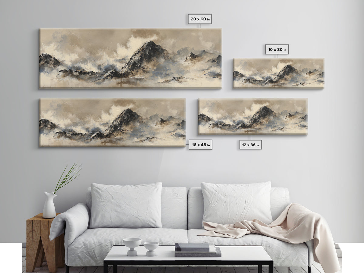 Ink Wash Mountain Symbolizing Stability Framed Canvas Print, Law Office Art, Fine Art Print, Office Decor, Oil Painting, LOA-3x1-60