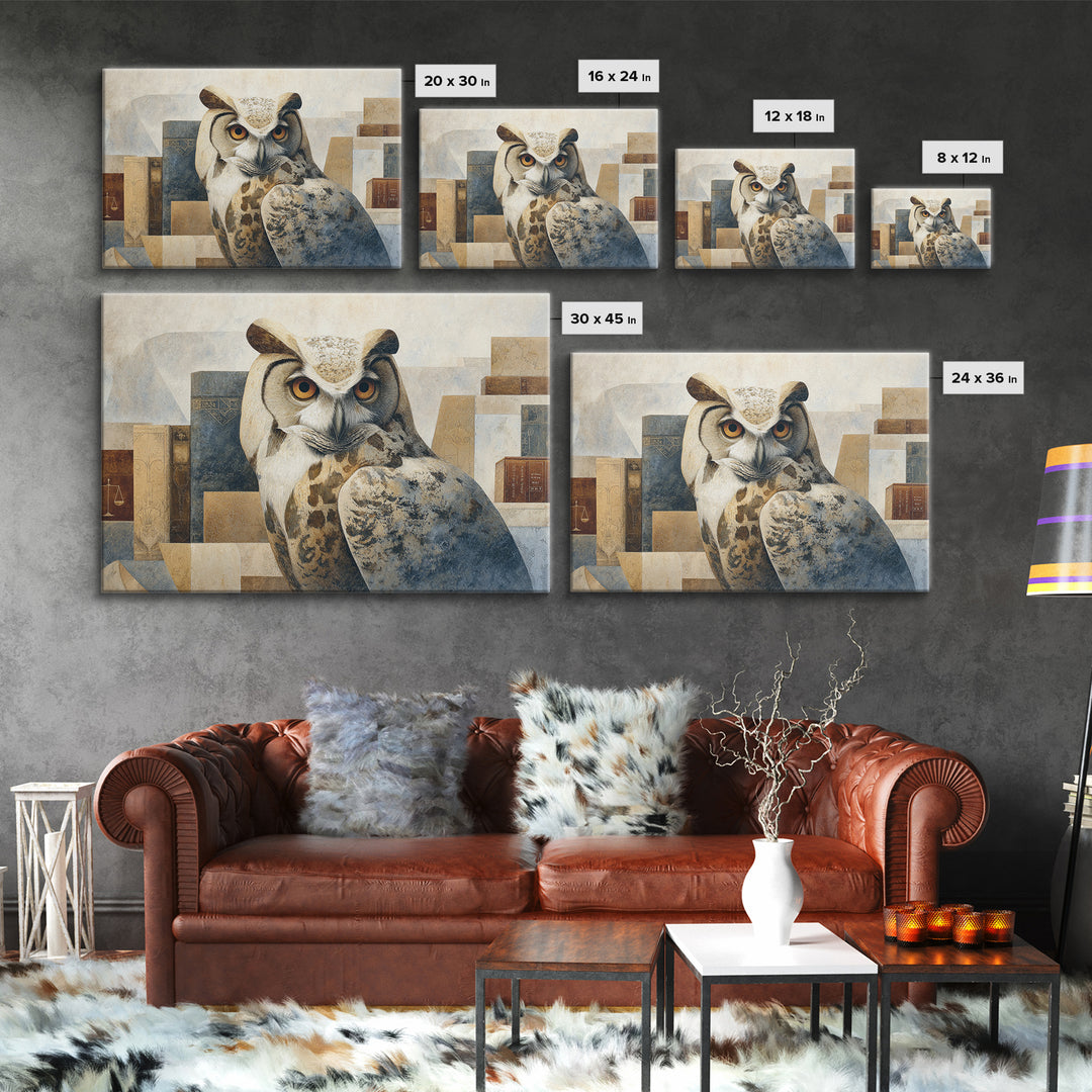 Owl Portrait Representing Wisdom Framed Canvas Print, Law Office Art, Bookish Wall Art, Office Decor, Fine Art, Counsel, LOA-3x2-45
