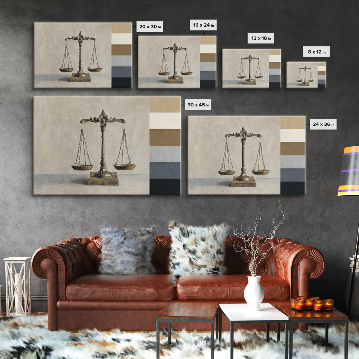 Classical Scales of Justice Framed Canvas Print, Law Office Art, Metal Wall Decor, Office Decor, Counsel, Home Office Decor, LOA-3x2-5