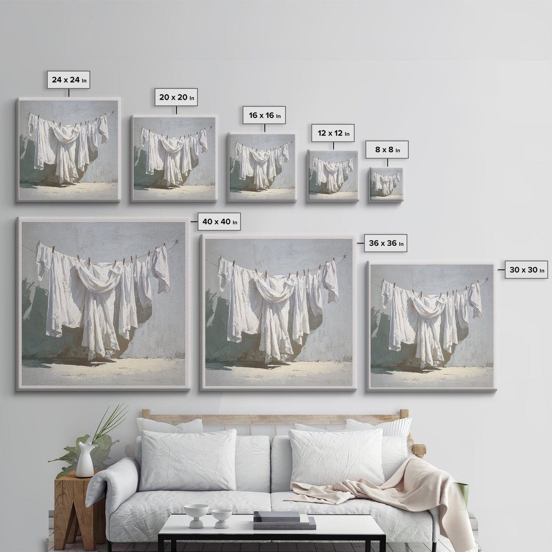 Clothesline with White Linens Blowing in Sunshine Canvas Print, Laundry Room Art, Rustic Home Decor, Living Room Decor, Clean, LRA-1x1-1