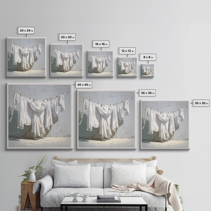 Clothesline with White Linens Blowing in Sunshine Canvas Print, Laundry Room Art, Rustic Home Decor, Living Room Decor, Clean, LRA-1x1-1