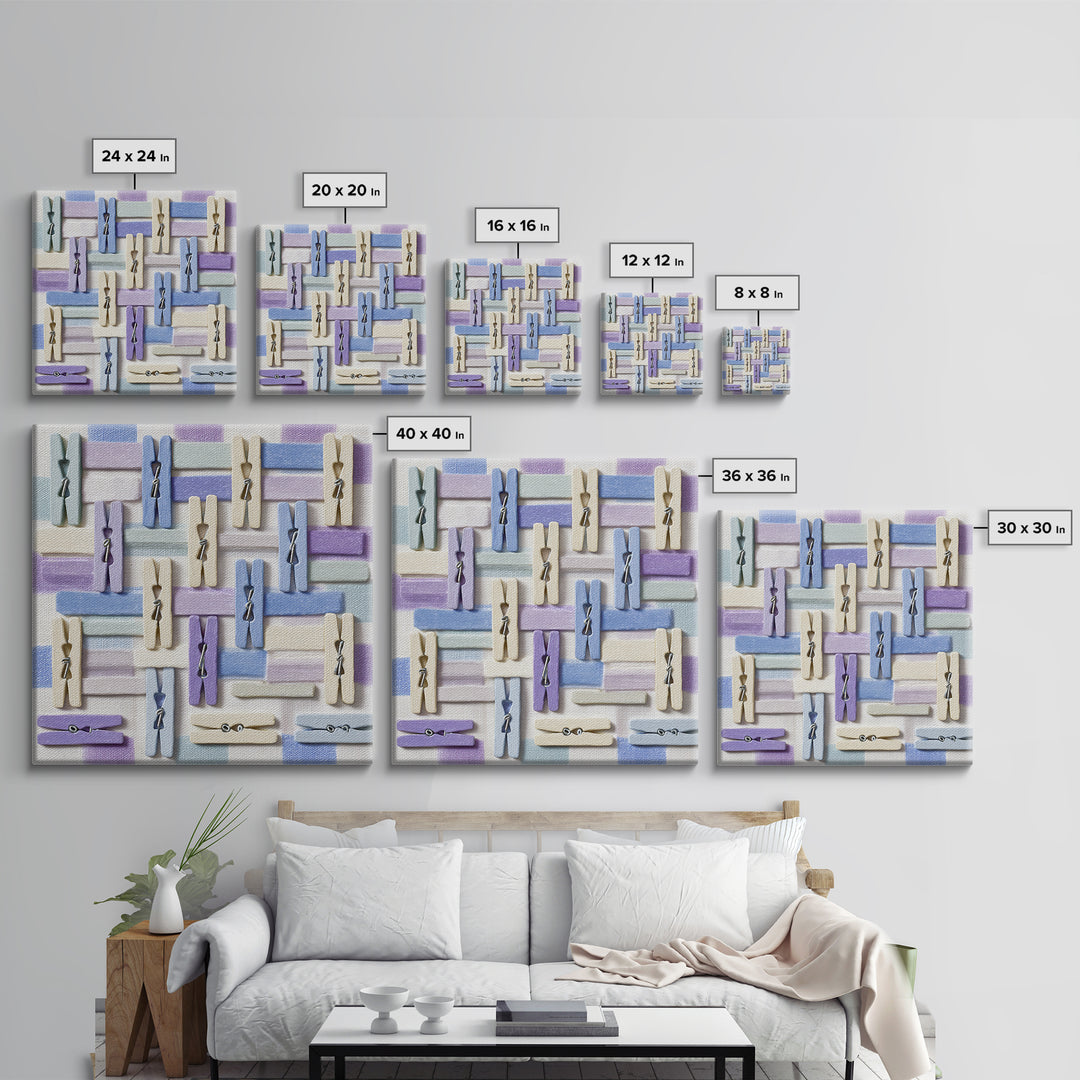 Cheerful Clothespins Arranged as Pattern Framed Canvas Print, Laundry Room Art, Funny Poster, Living Room Decor, Watercolor Art, LRA-1x1-100