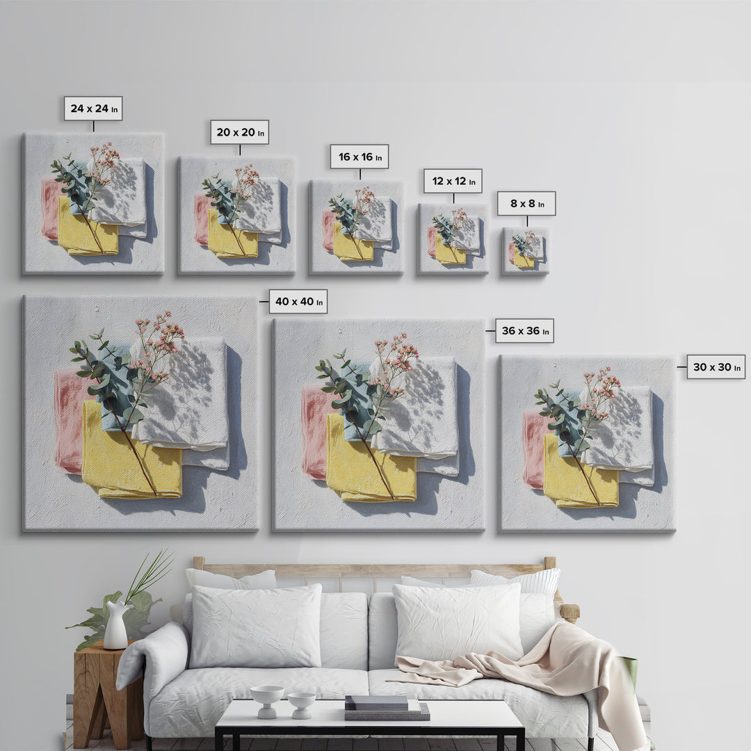 Sunlit White Towels and Eucalyptus Branch Canvas Print, Laundry Room Art, Farmhouse Decor, Living Room Decor, Clean, LRA-1x1-11