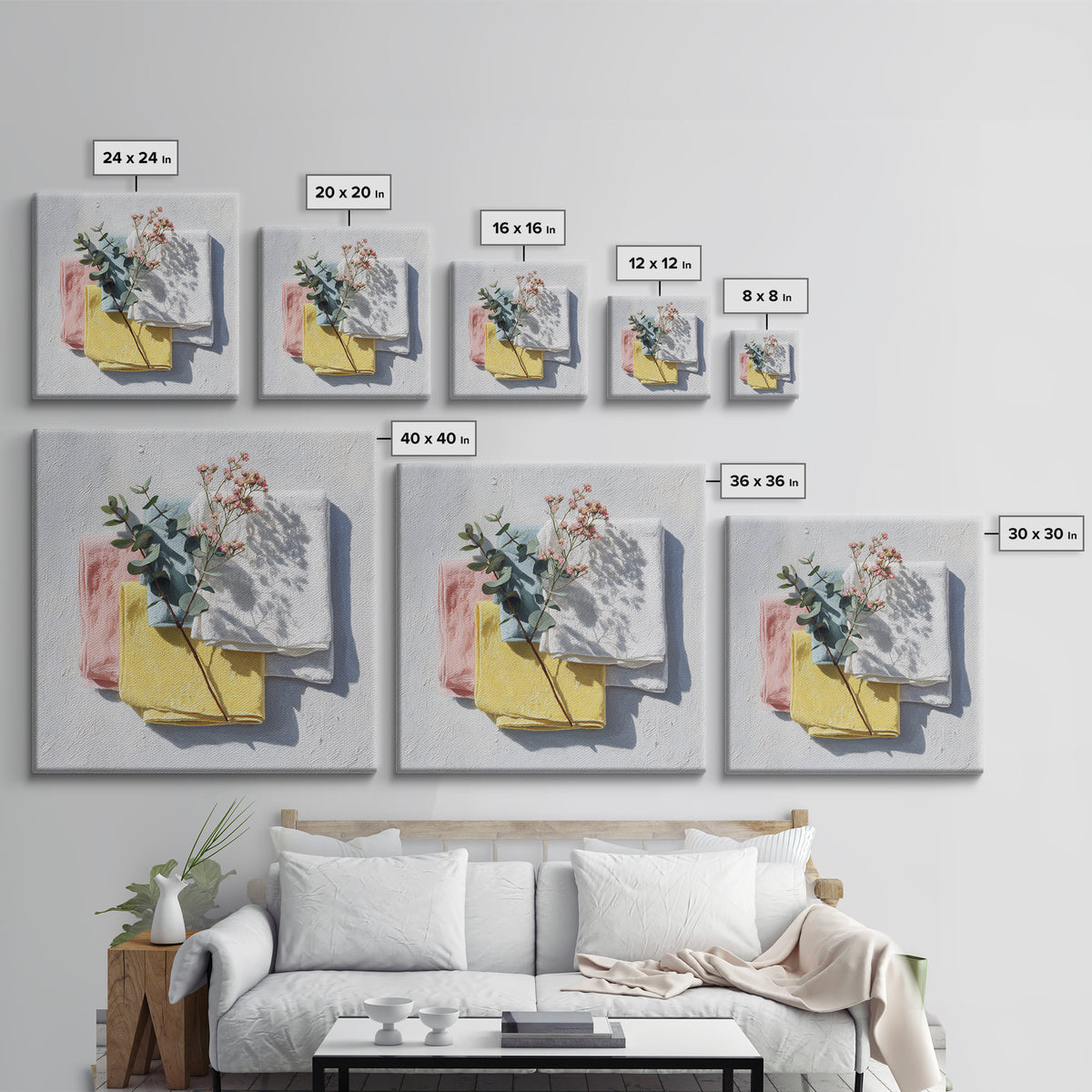 Sunlit White Towels and Eucalyptus Branch Canvas Print, Laundry Room Art, Farmhouse Decor, Living Room Decor, Clean, LRA-1x1-11
