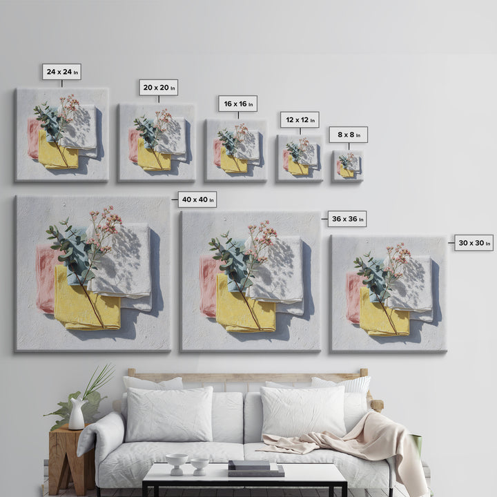 Sunlit White Towels and Eucalyptus Branch Canvas Print, Laundry Room Art, Farmhouse Decor, Living Room Decor, Clean, LRA-1x1-11
