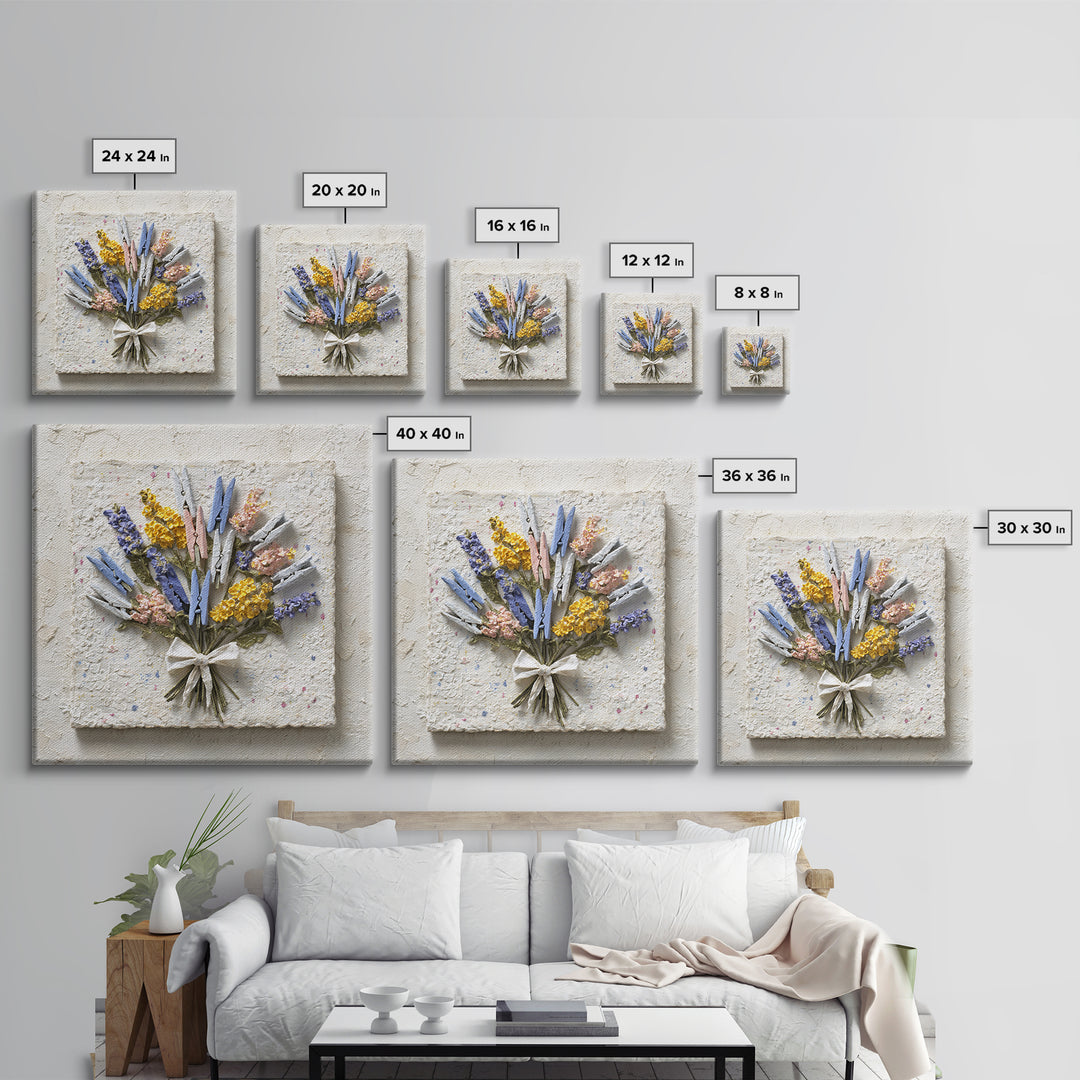 Clothespin Bouquet in Folk Art Style Canvas Print, Laundry Room Art, Oil Painting, Living Room Decor, Fine Art, Clean, LRA-1x1-20