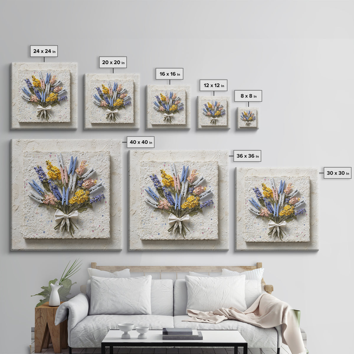 Clothespin Bouquet in Folk Art Style Canvas Print, Laundry Room Art, Oil Painting, Living Room Decor, Fine Art, Clean, LRA-1x1-20