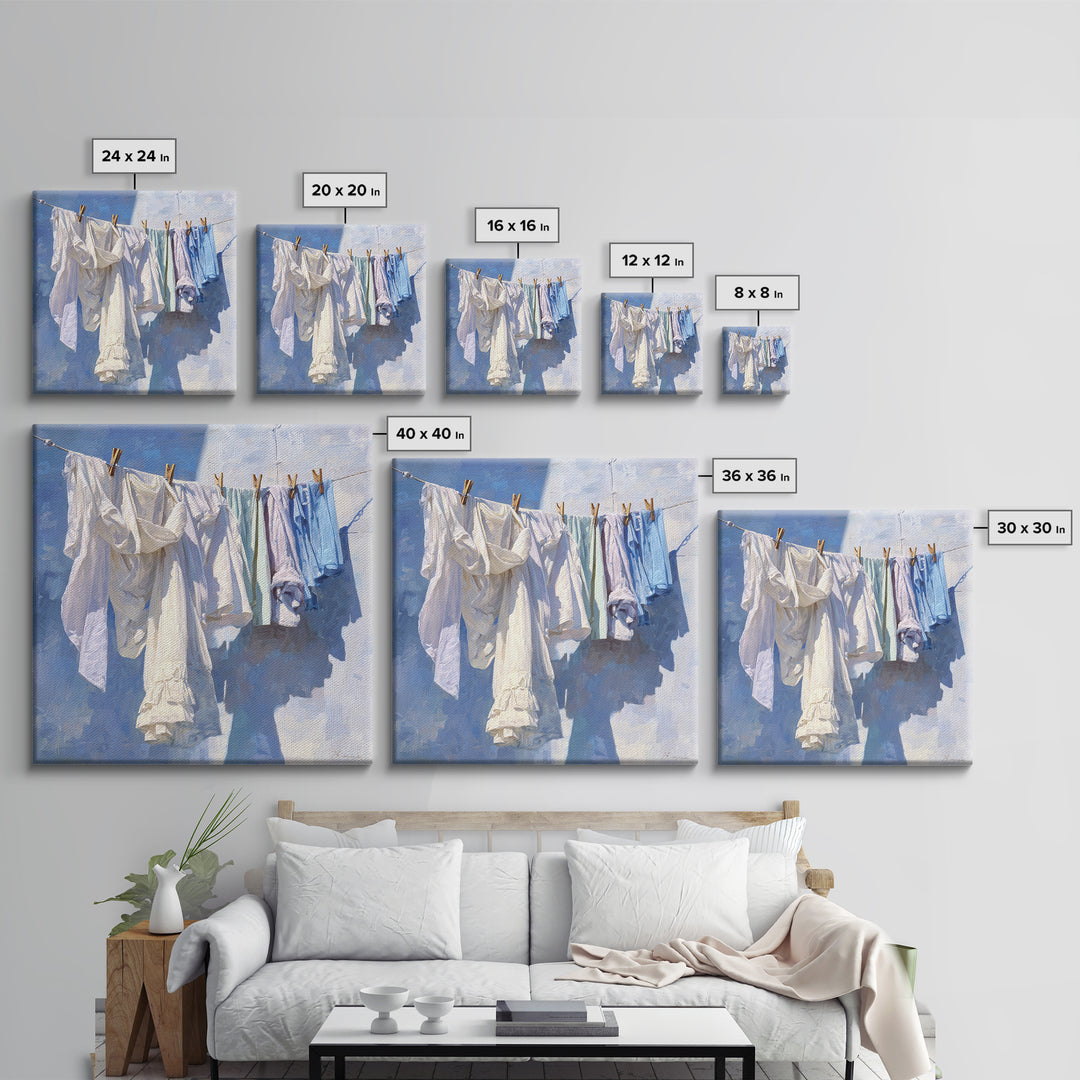 Clothesline with White Linens Blowing in Sunshine Canvas Print, Laundry Room Art, Modern Decor, Living Room Decor, Abstract Art, LRA-1x1-25