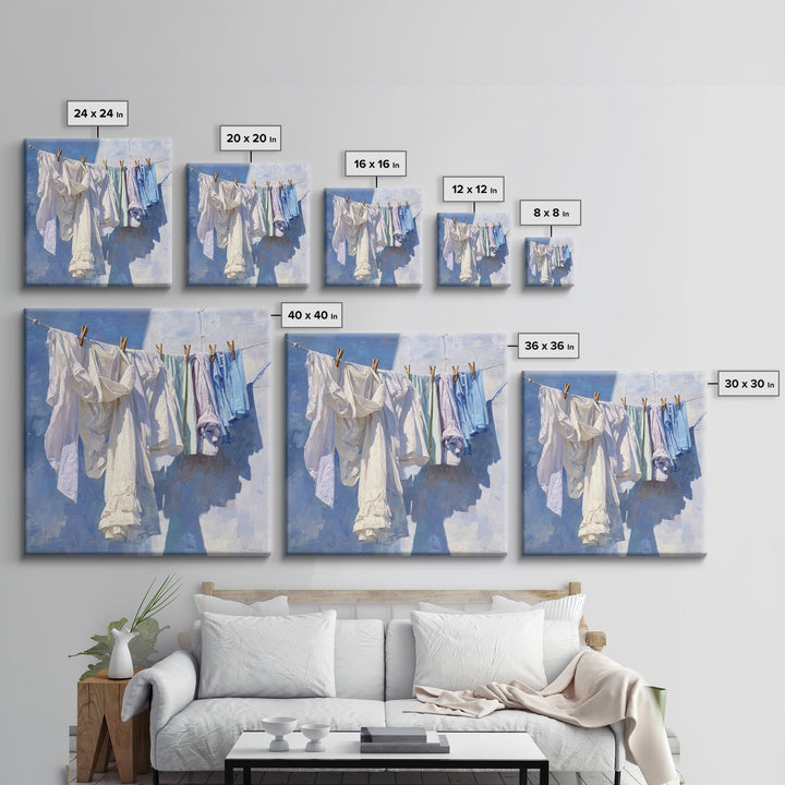 Clothesline with White Linens Blowing in Sunshine Canvas Print, Laundry Room Art, Modern Decor, Living Room Decor, Abstract Art, LRA-1x1-25