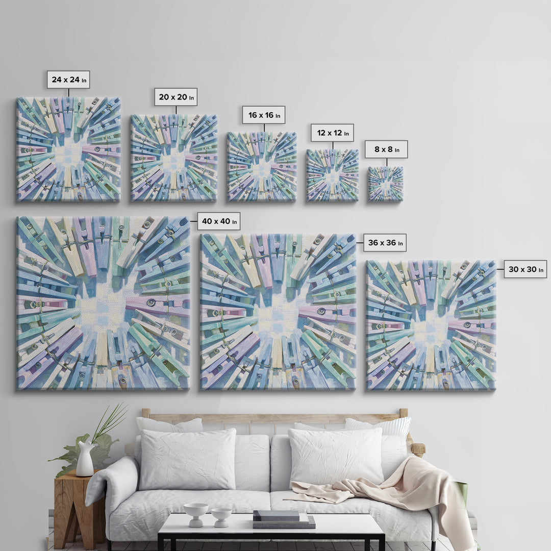 Cheerful Clothespins Arranged as Pattern Framed Canvas Print, Laundry Room Art, Artwork, Living Room Decor, Oil Painting, Clean, LRA-1x1-28