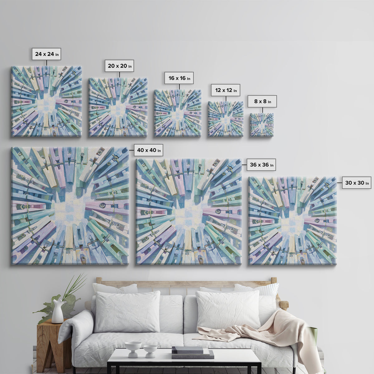 Cheerful Clothespins Arranged as Pattern Framed Canvas Print, Laundry Room Art, Artwork, Living Room Decor, Oil Painting, Clean, LRA-1x1-28