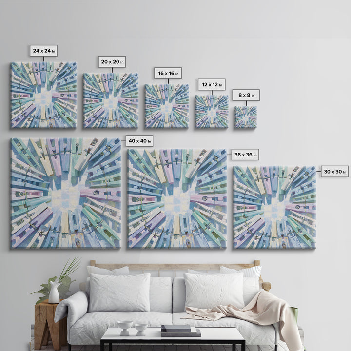 Cheerful Clothespins Arranged as Pattern Framed Canvas Print, Laundry Room Art, Artwork, Living Room Decor, Oil Painting, Clean, LRA-1x1-28