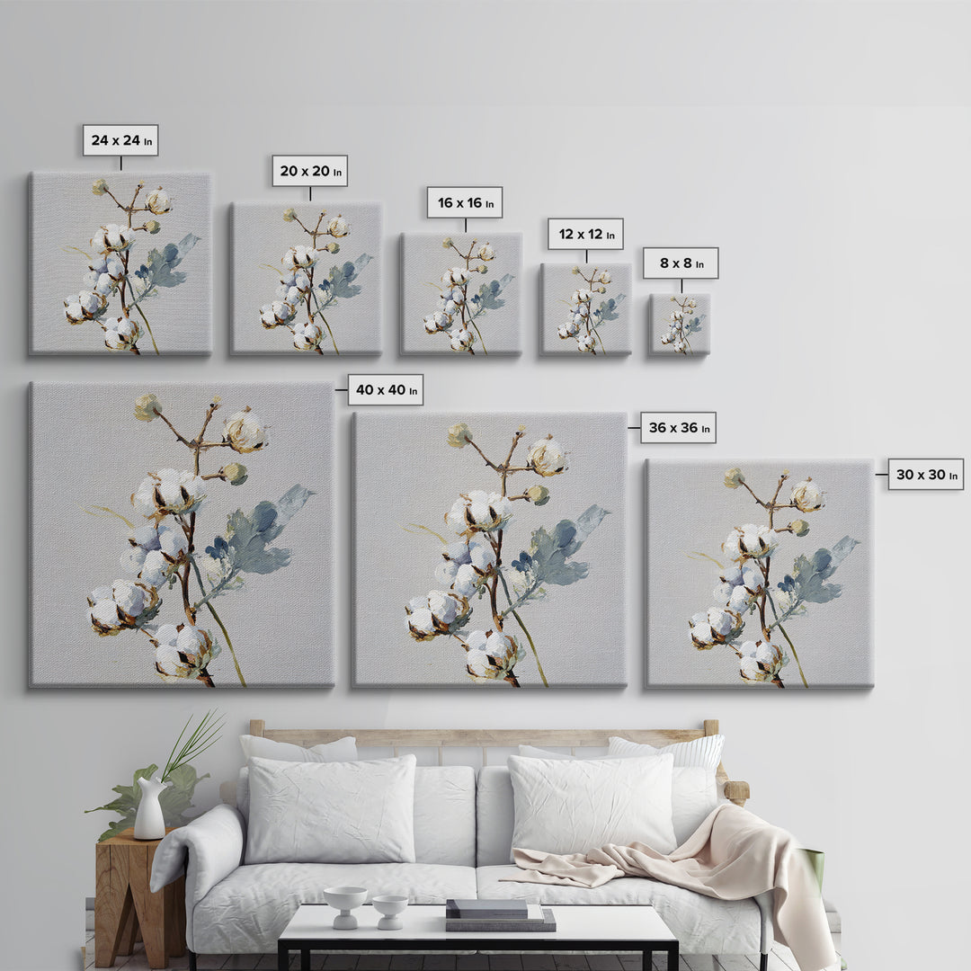 Fresh Cotton Branch Botanical Study Canvas Print, Laundry Room Art, Retro Wall Art, Living Room Decor, Watercolor Art, Clean, LRA-1x1-31