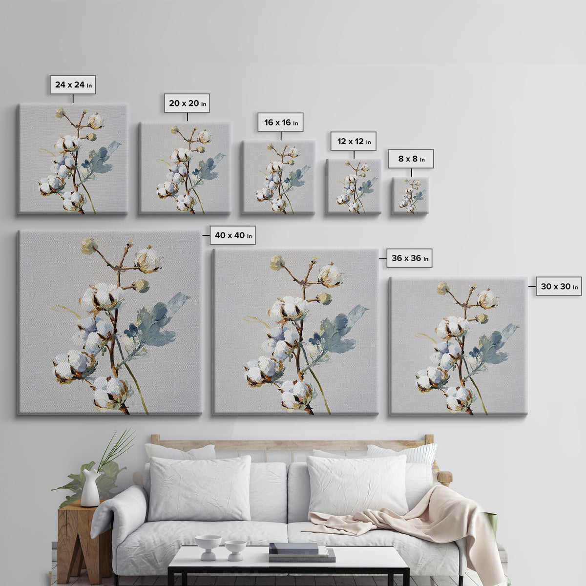 Fresh Cotton Branch Botanical Study Canvas Print, Laundry Room Art, Retro Wall Art, Living Room Decor, Watercolor Art, Clean, LRA-1x1-31