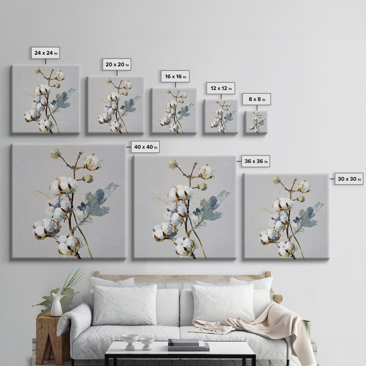 Fresh Cotton Branch Botanical Study Canvas Print, Laundry Room Art, Retro Wall Art, Living Room Decor, Watercolor Art, Clean, LRA-1x1-31