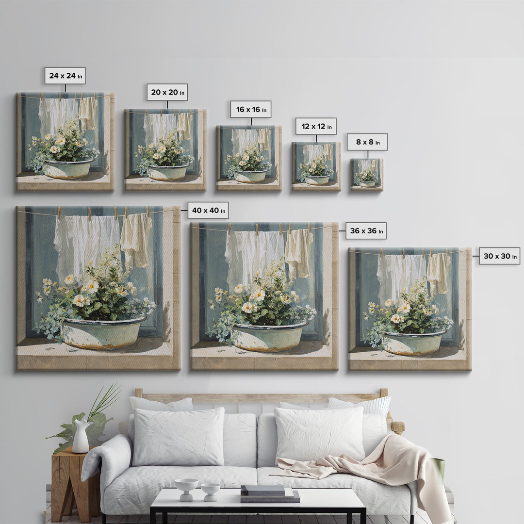 Old Enamel Basin Filled Framed Canvas Print, Laundry Room Art, Gallery Decor, Living Room Decor, Fine Art, Clean, LRA-1x1-32