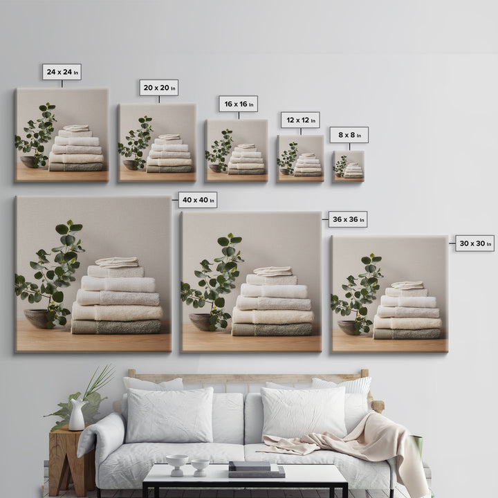 Sunlit White Towels and Eucalyptus Branch Canvas Print, Laundry Room Art, Farmhouse Wall Decor, Living Room Decor, LRA-1x1-35