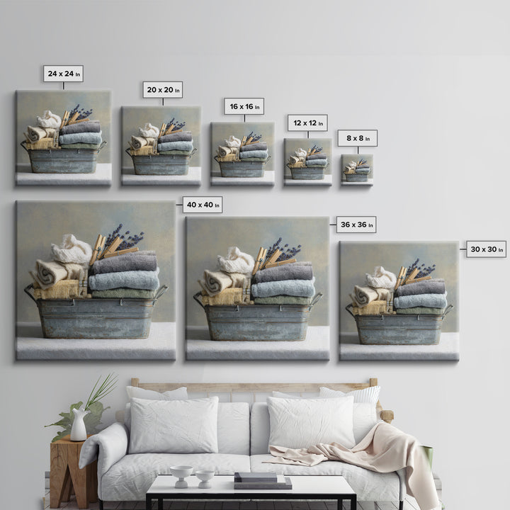 Basket of Folded Towels Framed Canvas Print, Laundry Room Art, Rustic Home Decor, Living Room Decor, Fine Art, Clean, LRA-1x1-38
