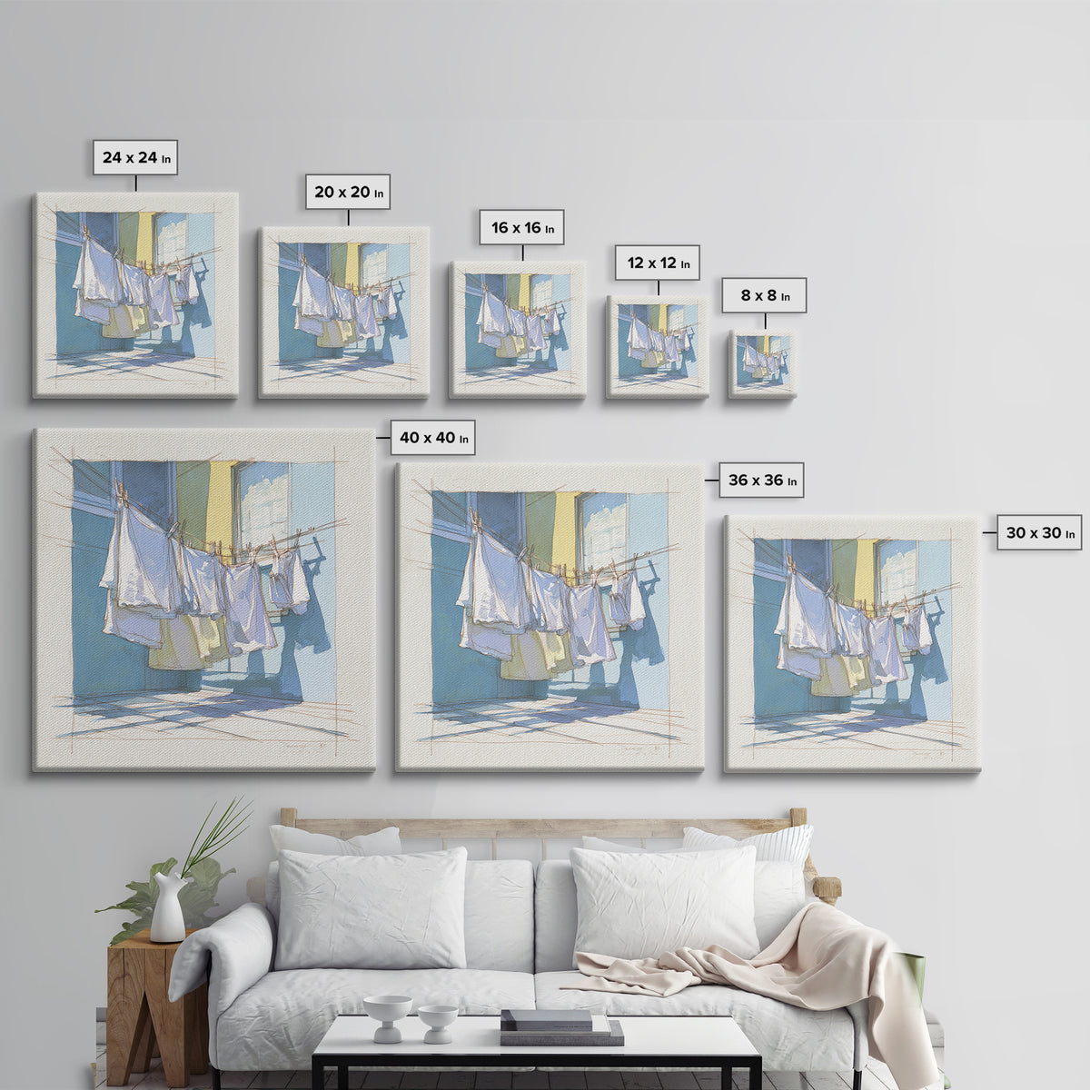 Simple Line Drawing of Hanging Laundry Framed Canvas Print, Laundry Room Art, Art Print, Living Room Decor, Abstract Art, Clean, LRA-1x1-40