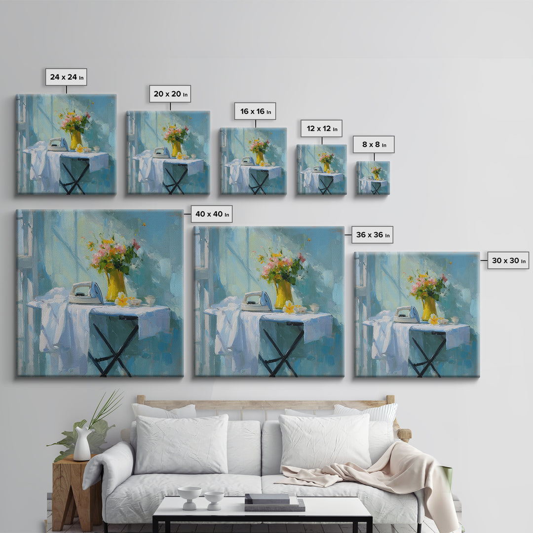 Ironing Board Still Life Framed Canvas Print, Laundry Room Art, Living Room Decor, Oil Painting, Clean, Wall Art Print, LRA-1x1-48