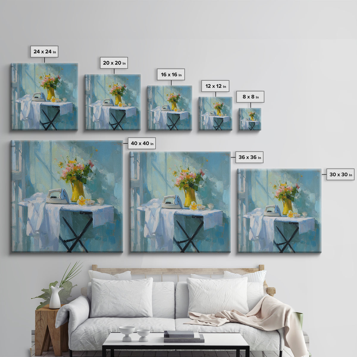 Ironing Board Still Life Framed Canvas Print, Laundry Room Art, Living Room Decor, Oil Painting, Clean, Wall Art Print, LRA-1x1-48